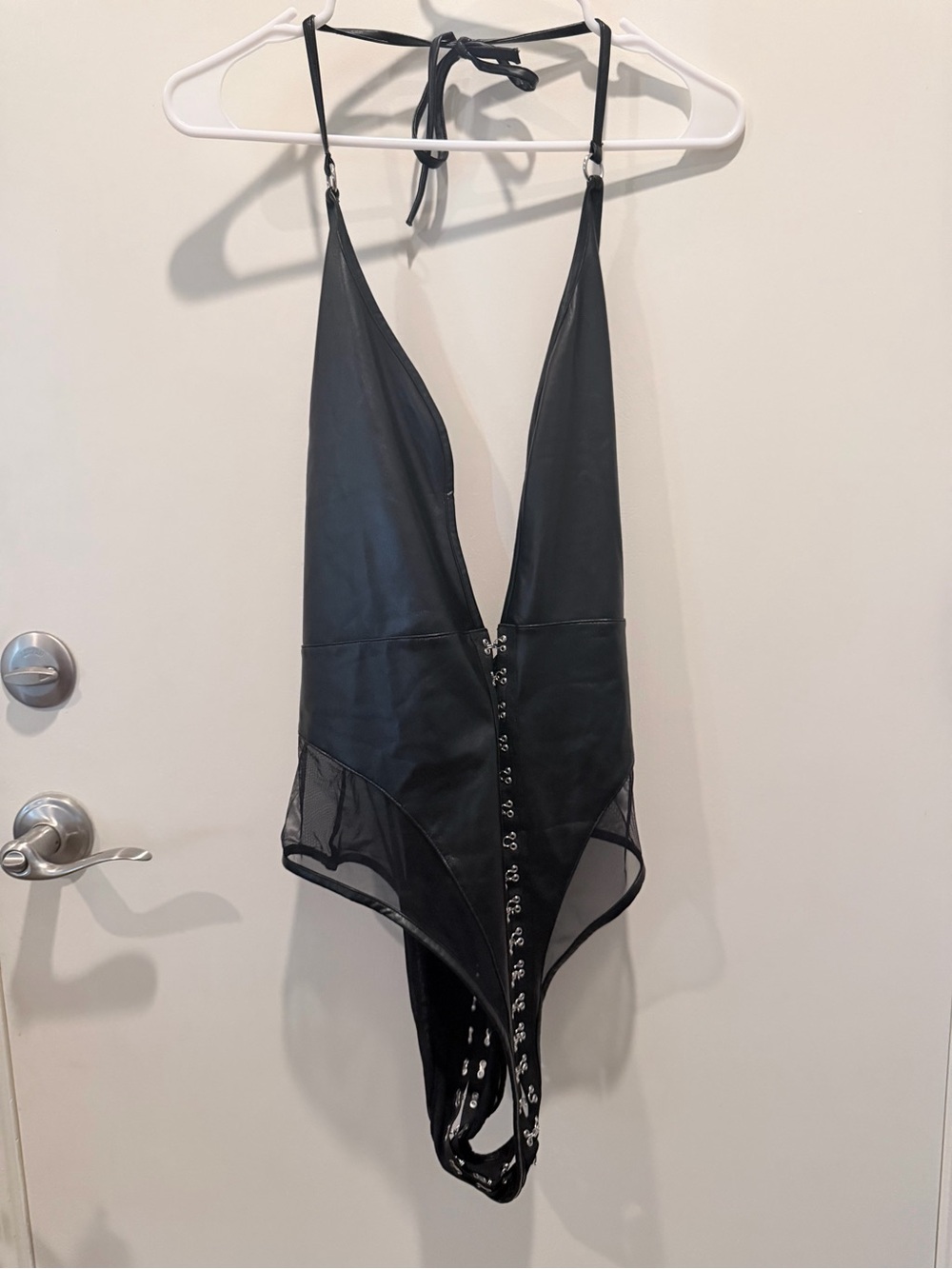 Plunging Black Halter Bodysuit with Hook-and-Eye Front